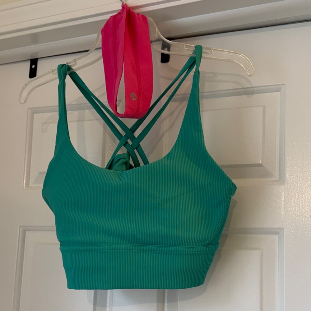 Lululemon Teal Exercise Sports bra and Pink Headband